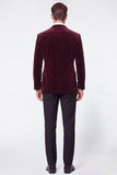 Burgundy 2 Piece Peak Lapel Single Breasted Velvet Men's Prom Suits