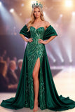 Dark Green Sheath Strapless Sequins Maxi Pageant Dress with Side Slit