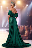 Dark Green Sheath Strapless Sequins Maxi Pageant Dress with Side Slit