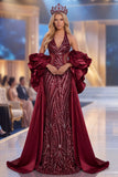 Burgundy Mermaid Halter Ruffled Statement Sleeves Long Pageant Dress with Sequins