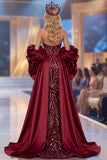 Burgundy Mermaid Halter Ruffled Statement Sleeves Long Pageant Dress with Sequins