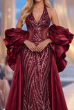 Burgundy Mermaid Halter Ruffled Statement Sleeves Long Pageant Dress with Sequins