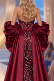 Burgundy Mermaid Halter Ruffled Statement Sleeves Long Pageant Dress with Sequins