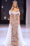 Blush Sheath Asymmetrical Off the Shoulder Sequins Appliques Maxi Pageant Dress