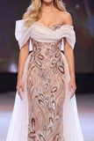 Blush Sheath Asymmetrical Off the Shoulder Sequins Appliques Maxi Pageant Dress