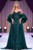 Dark Green Mermaid Corset Sheer Sequins Maxi Pageant Dress with Cape