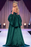 Dark Green Mermaid Corset Sheer Sequins Maxi Pageant Dress with Cape