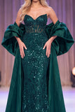 Dark Green Mermaid Corset Sheer Sequins Maxi Pageant Dress with Cape