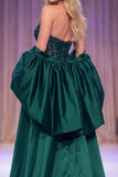 Dark Green Mermaid Corset Sheer Sequins Maxi Pageant Dress with Cape