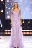 Lilac Sheath Corset  Ruched Long Pageant Dress with Sequins