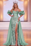 Green Sheath Off the Shoulder Puff Sleeves Ruched Maxi Pageant Dress with Side Slit