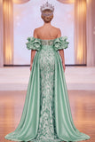 Green Sheath Off the Shoulder Puff Sleeves Ruched Maxi Pageant Dress with Side Slit