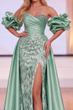 Green Sheath Off the Shoulder Puff Sleeves Ruched Maxi Pageant Dress with Side Slit