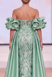 Green Sheath Off the Shoulder Puff Sleeves Ruched Maxi Pageant Dress with Side Slit
