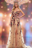 Champagne A-Line Sequins 3D Floral Appliques Maxi Pageant Dress with Side Slit