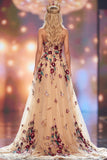 Champagne A-Line Sequins 3D Floral Appliques Maxi Pageant Dress with Side Slit
