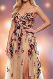 Champagne A-Line Sequins 3D Floral Appliques Maxi Pageant Dress with Side Slit