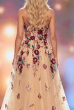 Champagne A-Line Sequins 3D Floral Appliques Maxi Pageant Dress with Side Slit