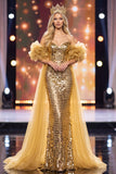 Golden Mermaid Off the Shoulder Puff Sleeves Sequins Maxi Pageant Dress with Cape