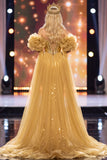 Golden Mermaid Off the Shoulder Puff Sleeves Sequins Maxi Pageant Dress with Cape