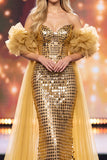 Golden Mermaid Off the Shoulder Puff Sleeves Sequins Maxi Pageant Dress with Cape