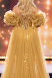 Golden Mermaid Off the Shoulder Puff Sleeves Sequins Maxi Pageant Dress with Cape