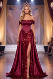 Burgundy Corset Off the Shoulder Sheath Maxi Pageant Dress with Slit