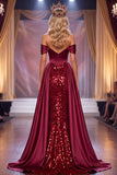 Burgundy Corset Off the Shoulder Sheath Maxi Pageant Dress with Slit