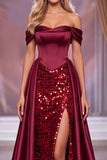 Burgundy Corset Off the Shoulder Sheath Maxi Pageant Dress with Slit