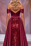 Burgundy Corset Off the Shoulder Sheath Maxi Pageant Dress with Slit