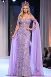 Lilac Sheath Cold Shoulder 3D Appliqued Sequins Sheer Long Pageant Dress with Cape