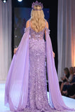 Lilac Sheath Cold Shoulder 3D Appliqued Sequins Sheer Long Pageant Dress with Cape