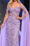 Lilac Sheath Cold Shoulder 3D Appliqued Sequins Sheer Long Pageant Dress with Cape
