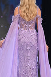 Lilac Sheath Cold Shoulder 3D Appliqued Sequins Sheer Long Pageant Dress with Cape