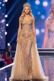 Golden Corset Sheath Sweetheart Sequins Maxi Pageant Dress