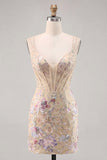 Apricot Bodycon Spaghetti Straps Sequin Floral Corset Short Homecoming Dress