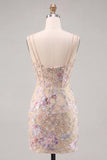 Apricot Bodycon Spaghetti Straps Sequin Floral Corset Short Homecoming Dress
