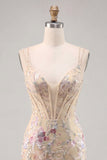 Apricot Bodycon Spaghetti Straps Sequin Floral Corset Short Homecoming Dress