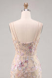 Apricot Bodycon Spaghetti Straps Sequin Floral Corset Short Homecoming Dress