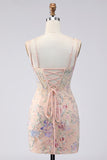Bodycon Spaghetti Straps Sequin Floral Embroidery Corset Short Homecoming Dress