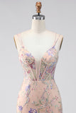 Bodycon Spaghetti Straps Sequin Floral Embroidery Corset Short Homecoming Dress