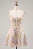 Apricot A-Line Spaghetti Straps Sequin Corset Floral Short Homecoming Dress