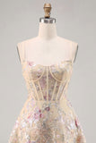 Apricot A-Line Spaghetti Straps Sequin Corset Floral Short Homecoming Dress