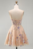 Apricot A-Line Sequin Corset Floral Embroidery Short Homecoming Dress
