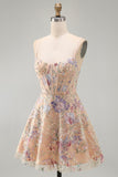 Apricot A-Line Sequin Corset Floral Embroidery Short Homecoming Dress