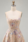 Apricot A-Line Sequin Corset Floral Embroidery Short Homecoming Dress