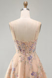 Apricot A-Line Sequin Corset Floral Embroidery Short Homecoming Dress