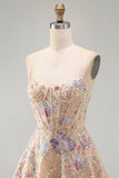 Apricot A-Line Sequin Corset Floral Embroidery Short Homecoming Dress