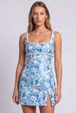 Light Blue Floral Pearls Square Neck Bodycon Mini Homecoming Dress with Slit
