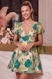 Floral Pink A-Line V-Neck Printed Short Homecoming Dress with Short Sleeves